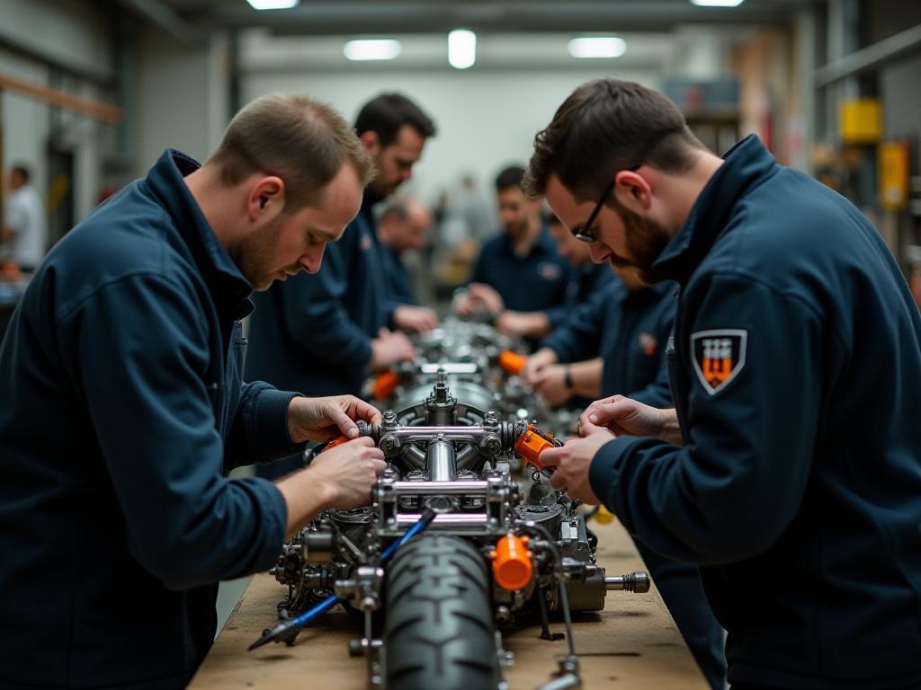 Team assembling a custom motorcycle under quality control procedures